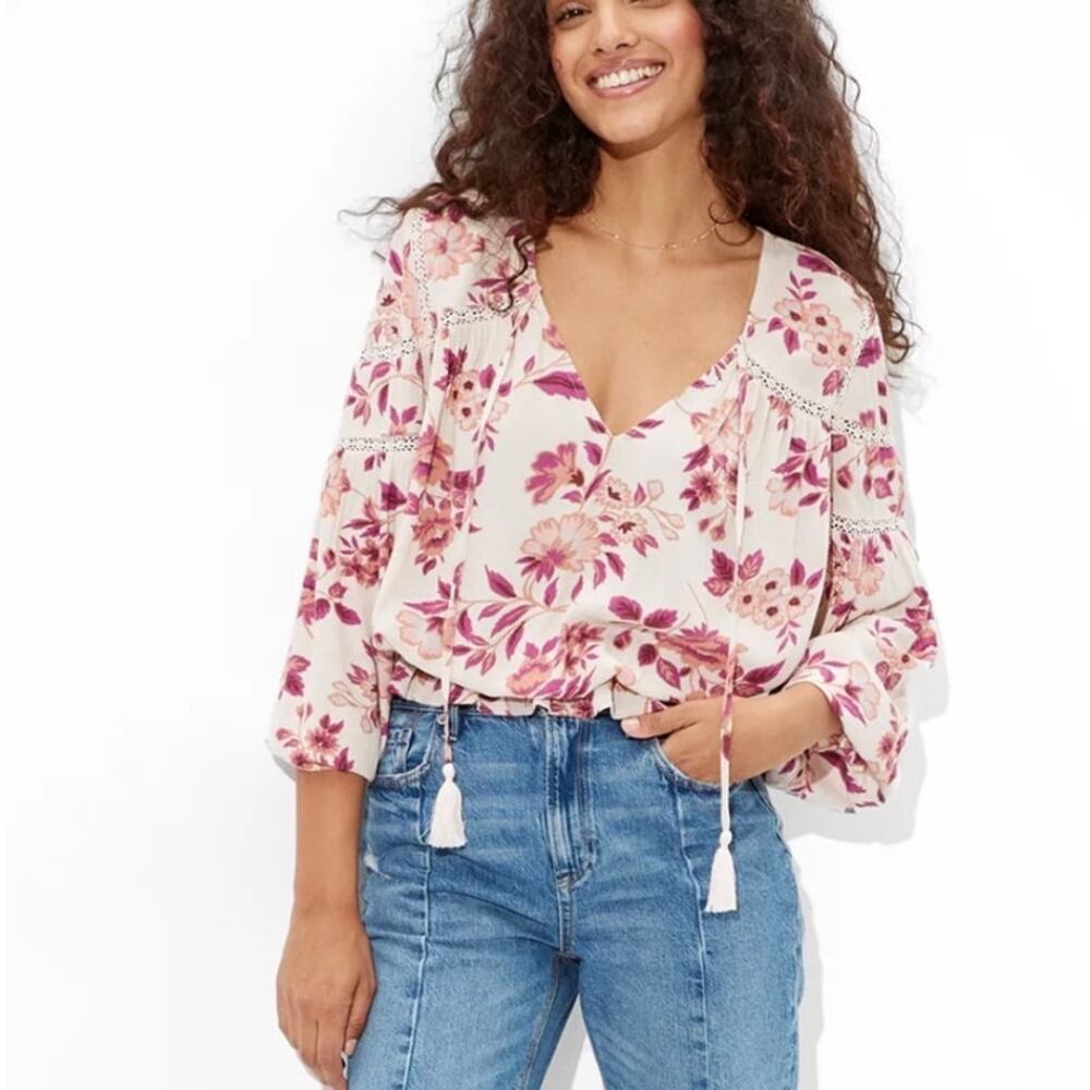 American Eagle Floral Peasant Blouse Large NWT Boho Cottagecore Tie Neck Top